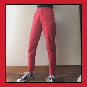 Red denim high waisted jeans